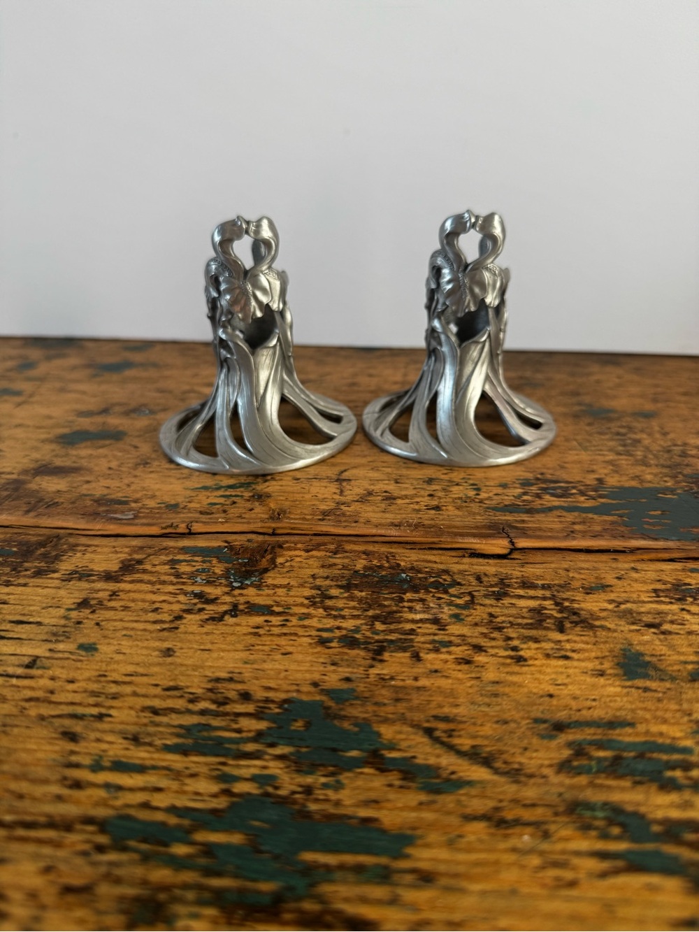 Art Nouveau Pewter Candle Holders - Silver Pair